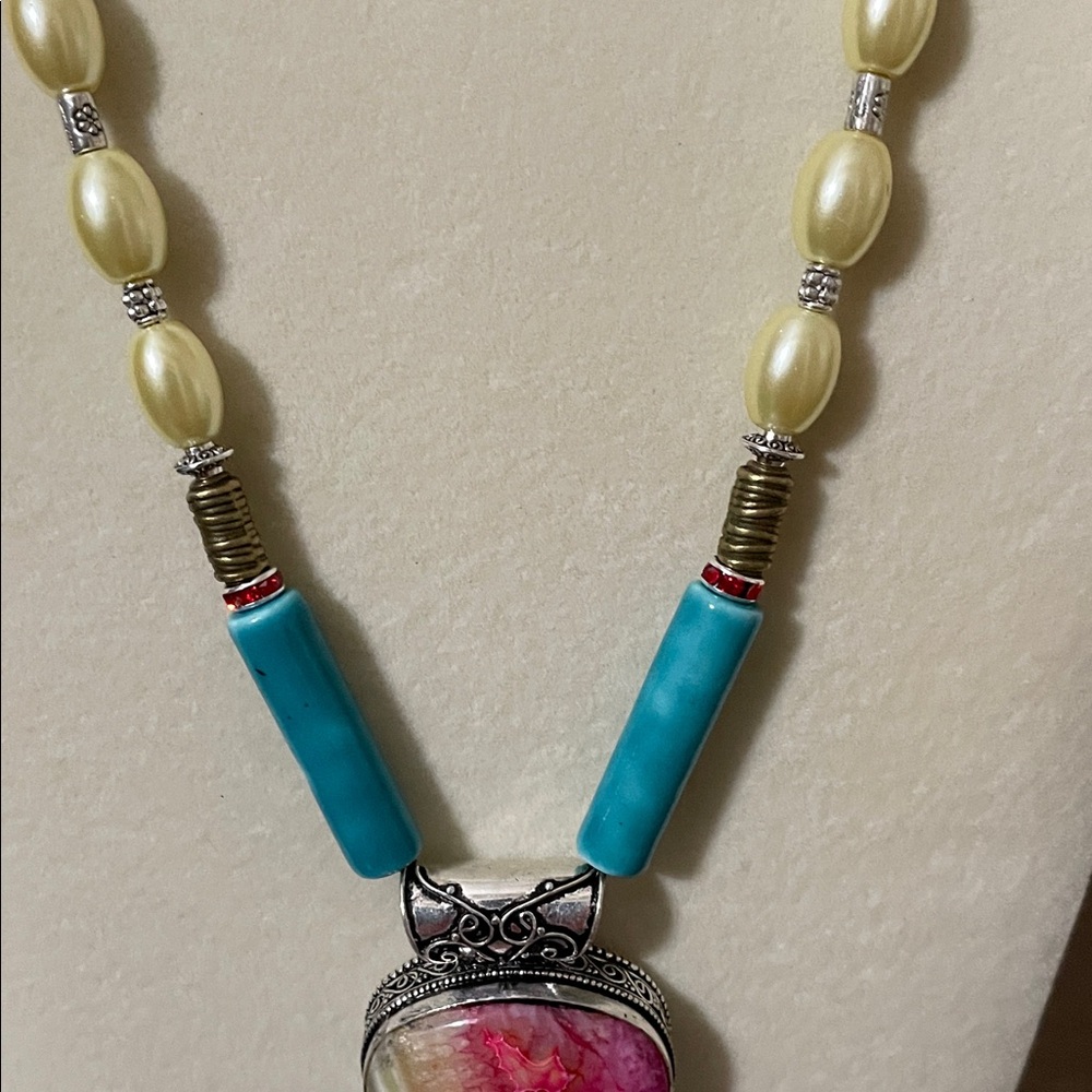 Artisan Turquoise and Silver Glass and Stone Pendant Necklace - Picture 5 of 11